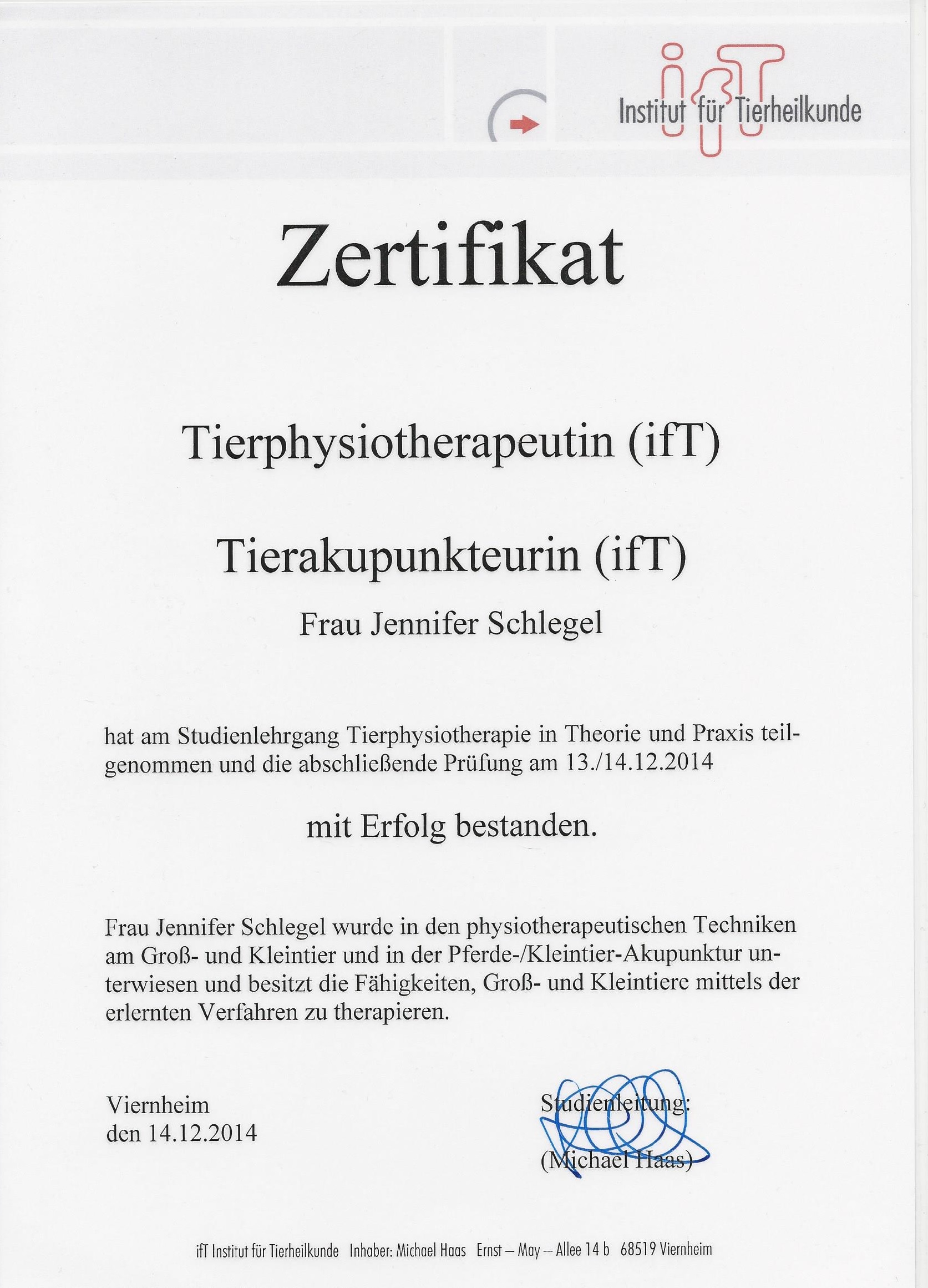 Zertifikat der ift für Frau Schlegel